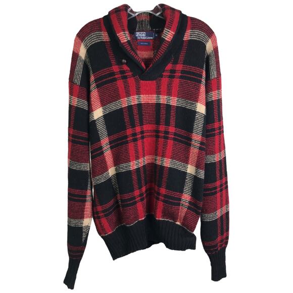 Polo By Ralph Lauren Sweater Mens Sz XL Vintage 90's Tartan Plaid Knit Red Wool - Picture 1 of 9